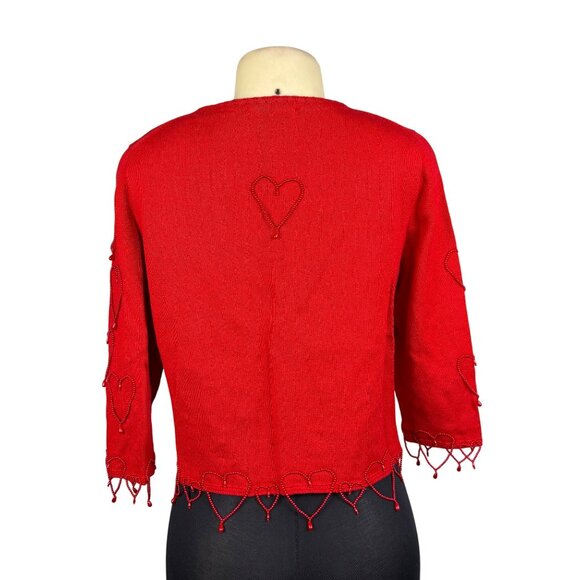 Michael Simon Red Cotton Cardigan Beaded Sequin Hearts Embellished Details Sz M - Picture 3 of 11